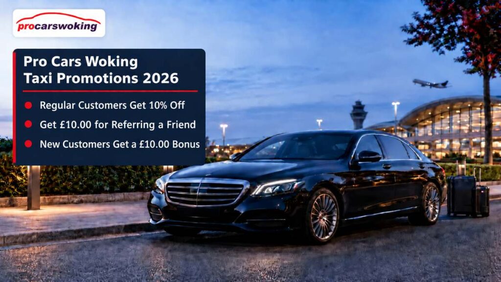 Woking Taxi Promotions and Offers: Save on Airport Transfers and Future Journeys 1 Woking Taxi Promotions & Offers 2026